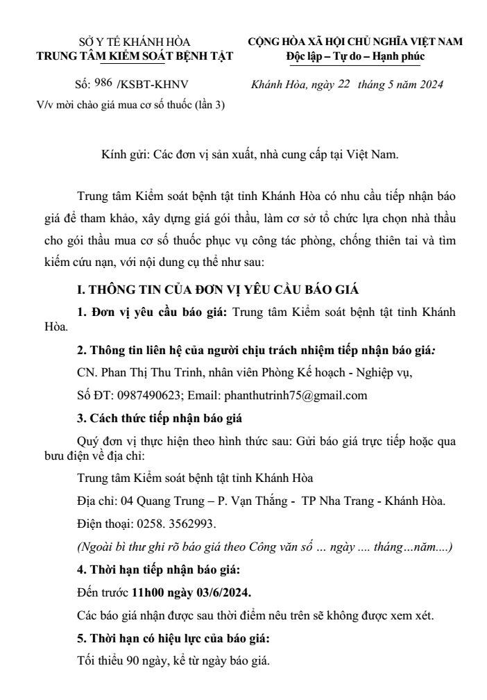 Mời chào giá mua cơ số thuốc (lần 3)